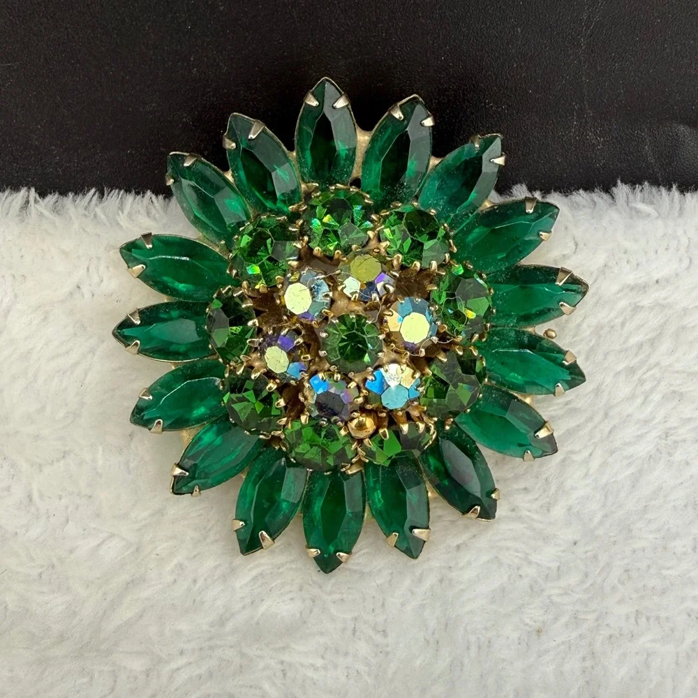 Vintage Rhinestone Brooch Green Aurora Borealis Large Dome